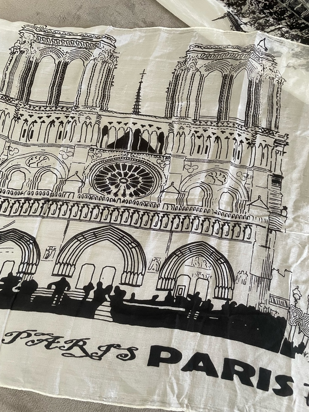 Paris 100% Silk Sheer Landmark Print Oblong Scarf Black Ivory 20x70 - Picture 10 of 14